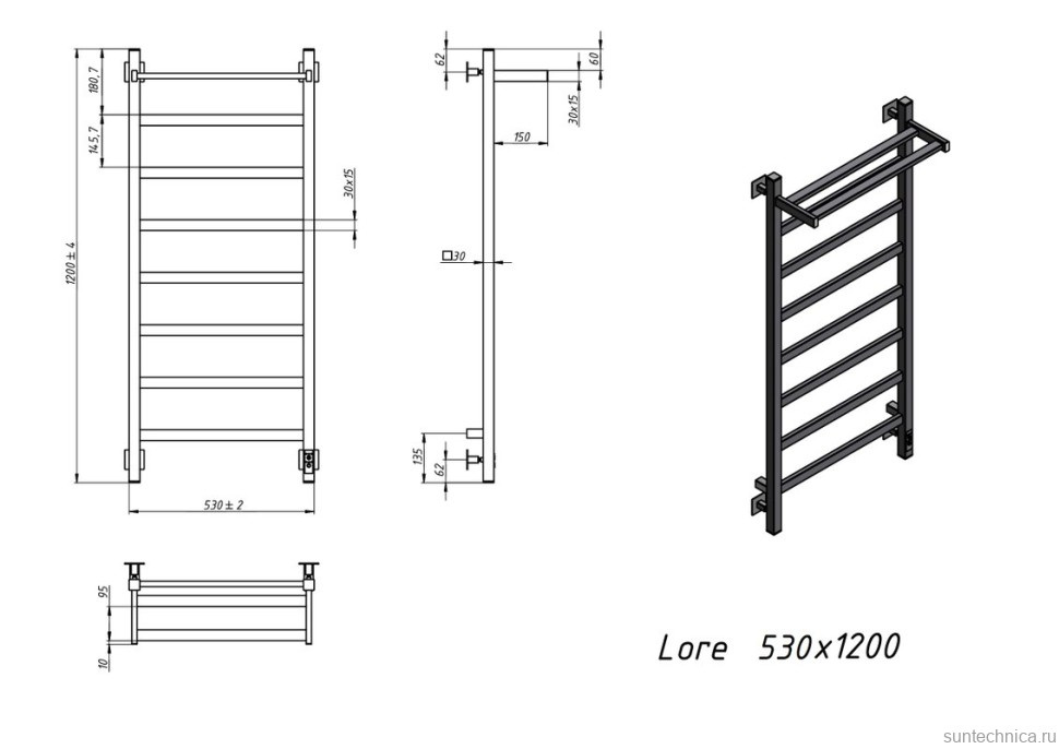 Полотенцесушитель электрический Grota Lore 530х1200 NM EL 120x55 см, подключение справа, слева, скрытое подключение справа, матовый хром, лесенка, с полкой