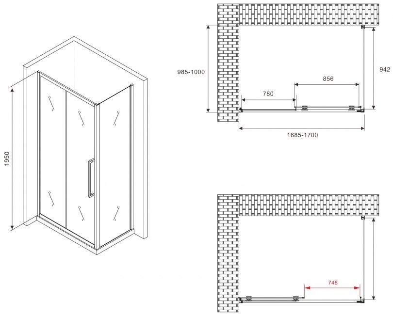 Душевой уголок Abber Schwarzer Diamant AG30170BH-S100B 170x100, профиль черный, стекло прозрачное