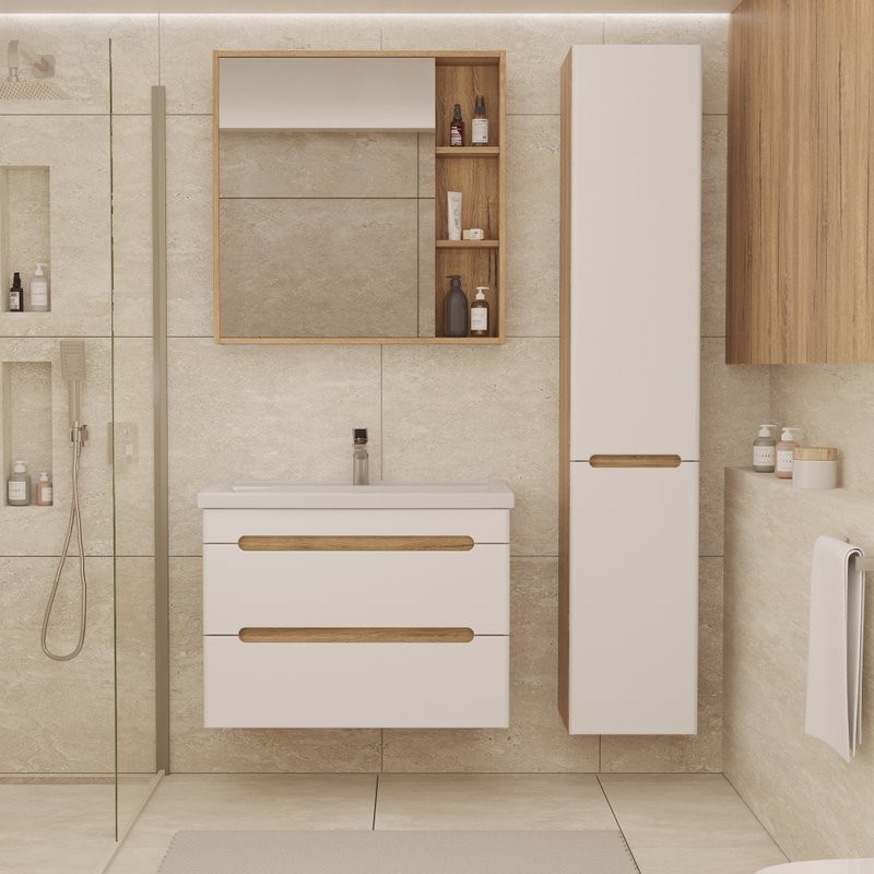 Тумба с раковиной SanStar Diva 70 подвесная, матовая белая, дуб вотан, раковина Фостер 70