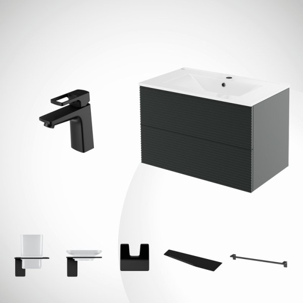 Комплект IDDIS 8в1: тумба подвесная с умывальником Bild 80 см + смеситель для умывальника Bild + набор аксессуаров Slide (мыльница, стакан, полка, полотенцедержатель, крючок двойной)