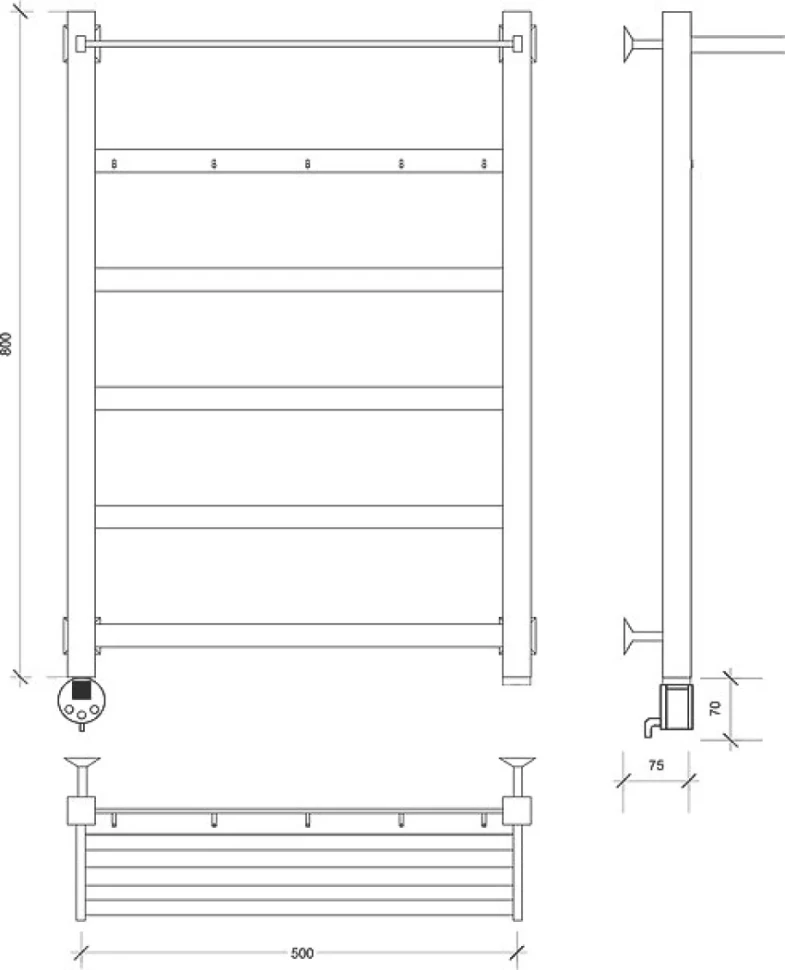 Полотенцесушитель электрический Secado Корсико 1 КСП , 85x55 см, подключение слева, матовый черный, лесенка, с полкой