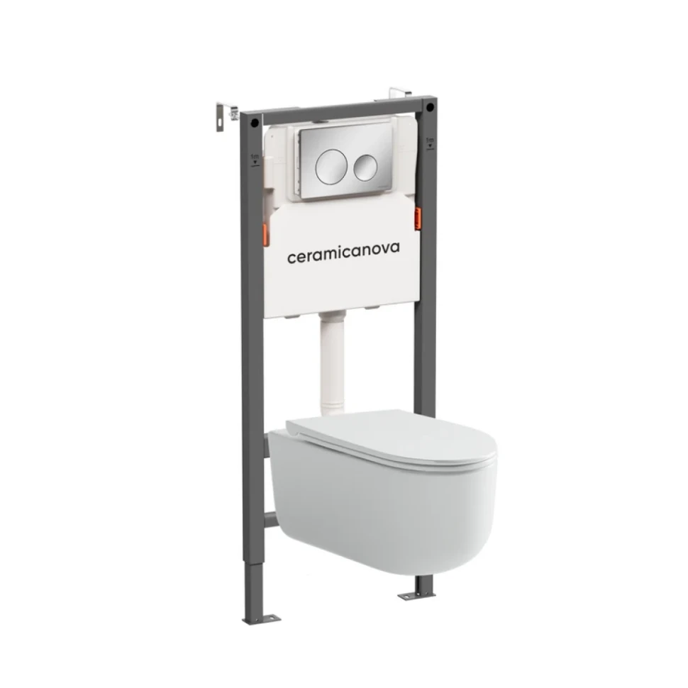 Комплект Ceramicanova Унитаз подвесной Ulma Rimless CN4006 безободковый, с микролифтом + Инсталляция Balance CN121001CH с кнопкой Circle глянцевый хром