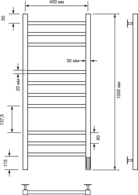 Полотенцесушитель электрический Comfysan Pioli-K EC-10 100x45 см, подключение справа, слева, матовый черный, лесенка, из стали