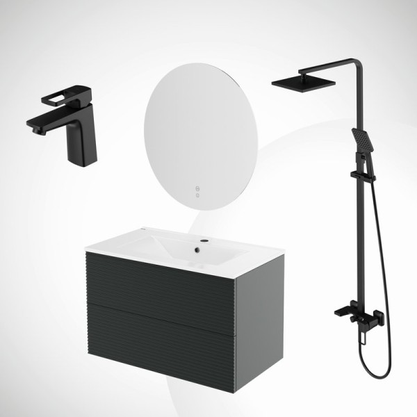 Комплект IDDIS 5в1: тумба подвесная с умывальником Bild 80 см + зеркало с термообогревом Bild + душевая система Bild + смеситель для умывальника Bild