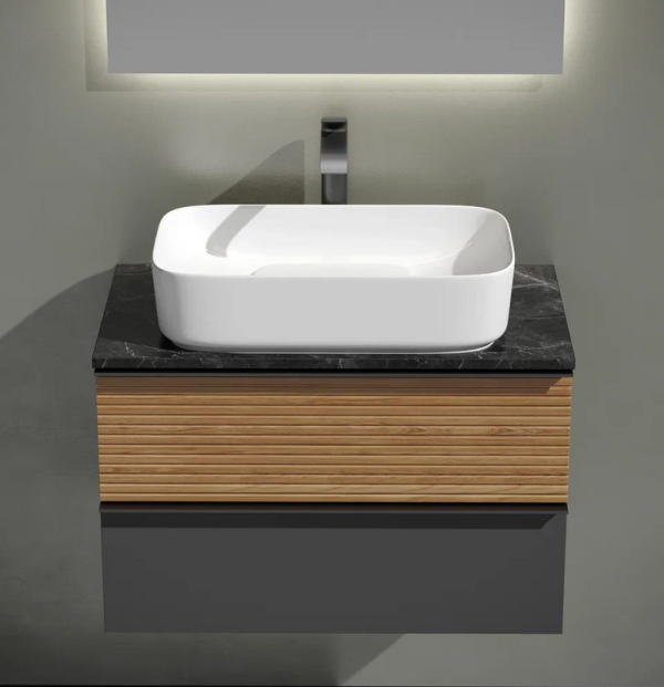 Тумба с раковиной Sancos Delta 80 см, дуб красный, графит, столешница черный мрамор, раковина CN5021