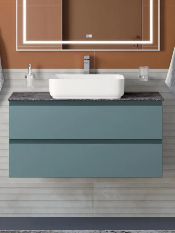 Тумба под раковину со столешницей BelBagno Kraft 100 подвесная, матовая голубая, столешница kep-100-grn