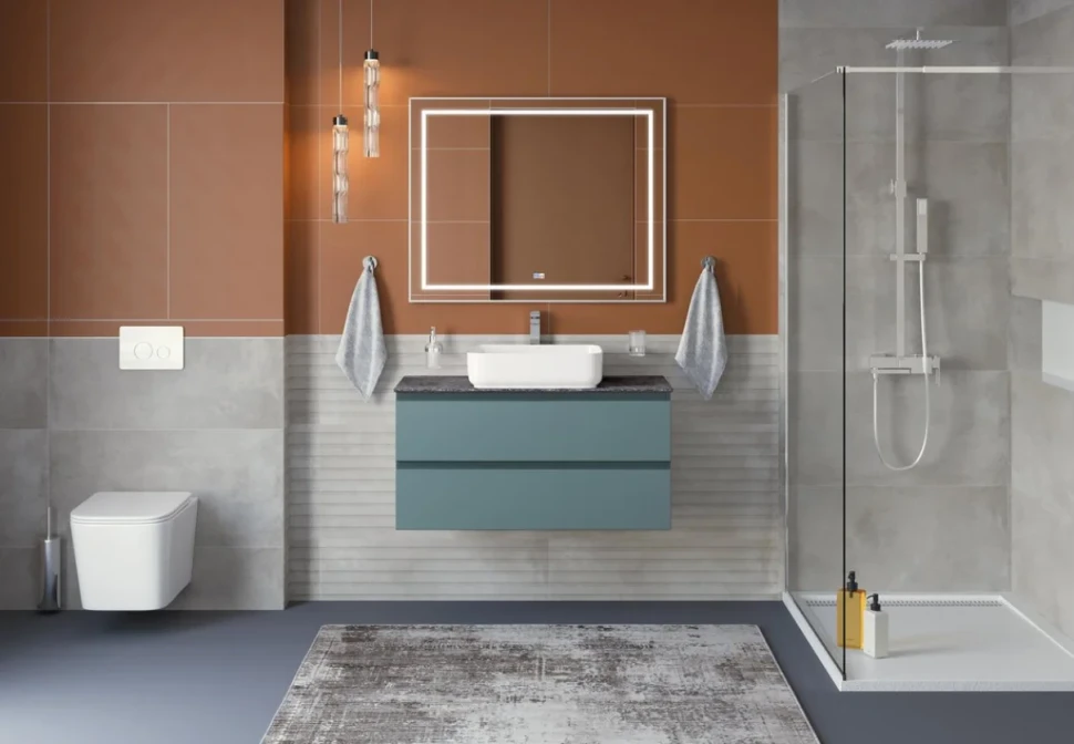 Тумба под раковину со столешницей BelBagno Kraft 100 подвесная, матовая голубая, столешница kep-100-grn