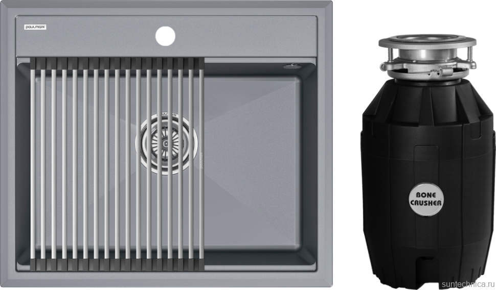 Комплект Мойка Paulmark Stepia + Step PM115951-GRM+R375-BS серый металлик + Измельчитель Bone Crusher BC 810-AS