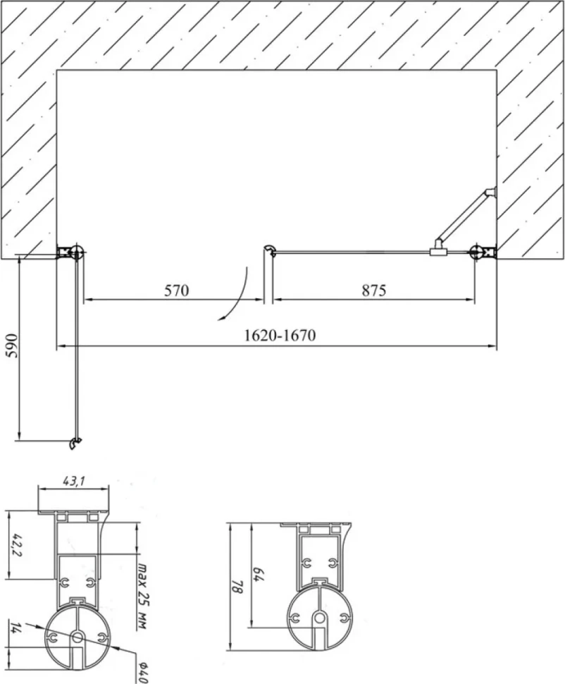 Душевая дверь в нишу Vegas Glass EP-F-2 165 05 05 L профиль бронза, стекло бронза