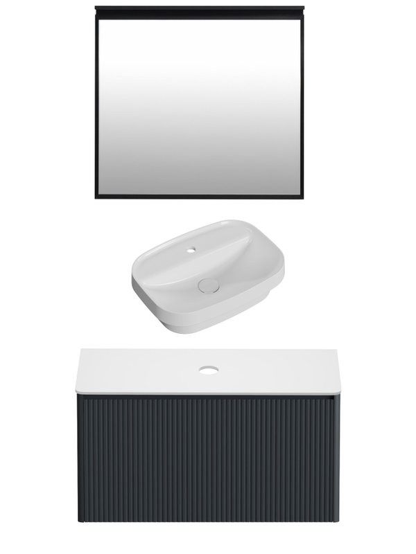 Мебель для ванной комнаты Allen Brau Gravity 80 1 ящик, с фрезеровкой, матовый антрацит, столешница белая, раковина Fantasy Sphere 55х40, белая