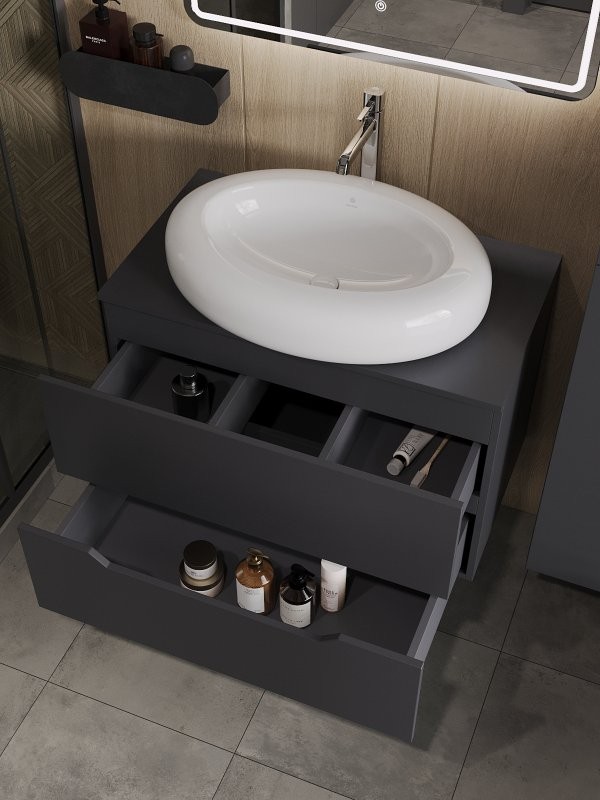 Тумба с раковиной Orange Line 80 подвесная, 2 ящика, матовый графит с раковиной B08-640w