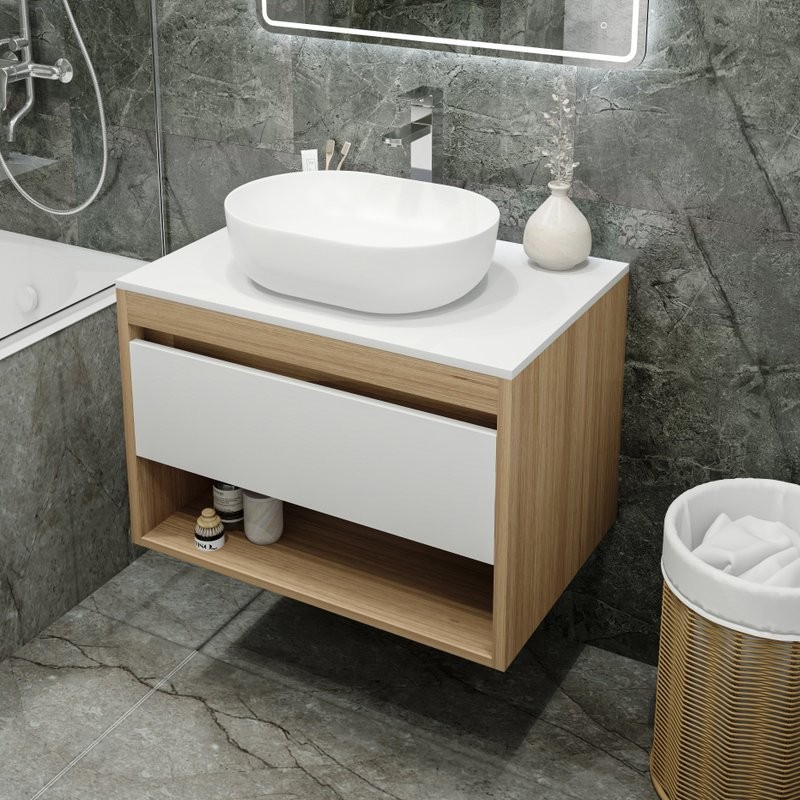 Тумба с раковиной Teymi Ritta 75 дуб эврика, матовая белая, раковина Solli 48