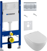Комплект Унитаз подвесной Villeroy & Boch Subway 2.0 + Крышка 9M68 S101 с микролифтом, петли хром + Инсталляция Geberit Duofix Delta 458.163.21.1 с кнопкой смыва, хром + Звукоизоляция