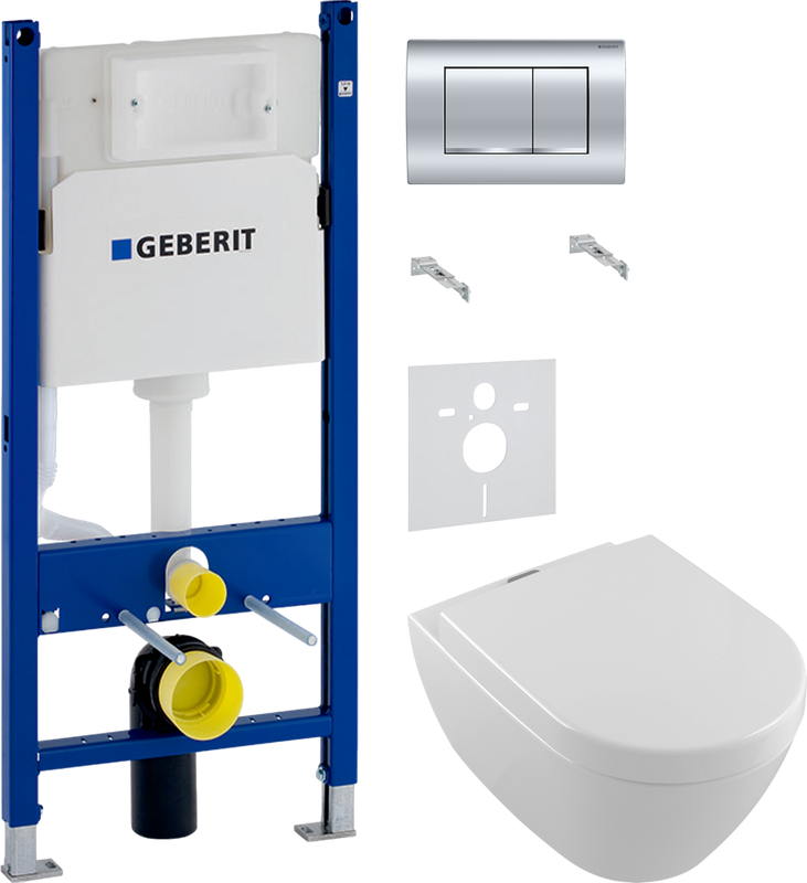 Комплект Унитаз подвесной Villeroy & Boch Subway 2.0 + Крышка 9M68 S101 с микролифтом, петли хром + Инсталляция Geberit Duofix Delta 458.163.21.1 с кнопкой смыва, хром + Звукоизоляция