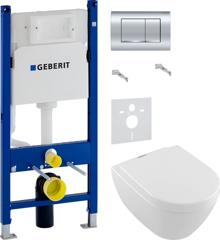 Комплект Унитаз подвесной Villeroy & Boch Subway 2.0 + Крышка 9M68 S101 с микролифтом, петли хром + Инсталляция Geberit Duofix Delta 458.163.21.1 с кнопкой смыва, хром + Звукоизоляция
