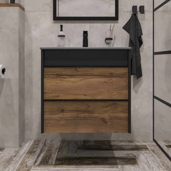 Тумба с раковиной STWORKI Гриндстед 60 дуб таксония, антрацит матовый, раковина 43061-112-KL антрацит