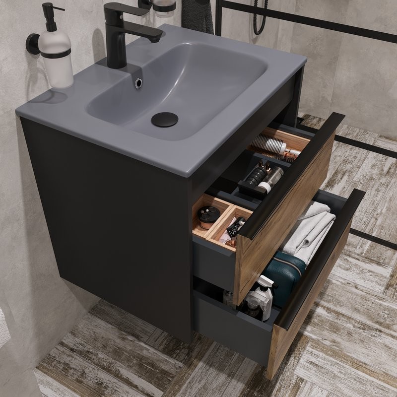 Тумба с раковиной STWORKI Гриндстед 60 дуб таксония, антрацит матовый, раковина 43061-112-KL антрацит