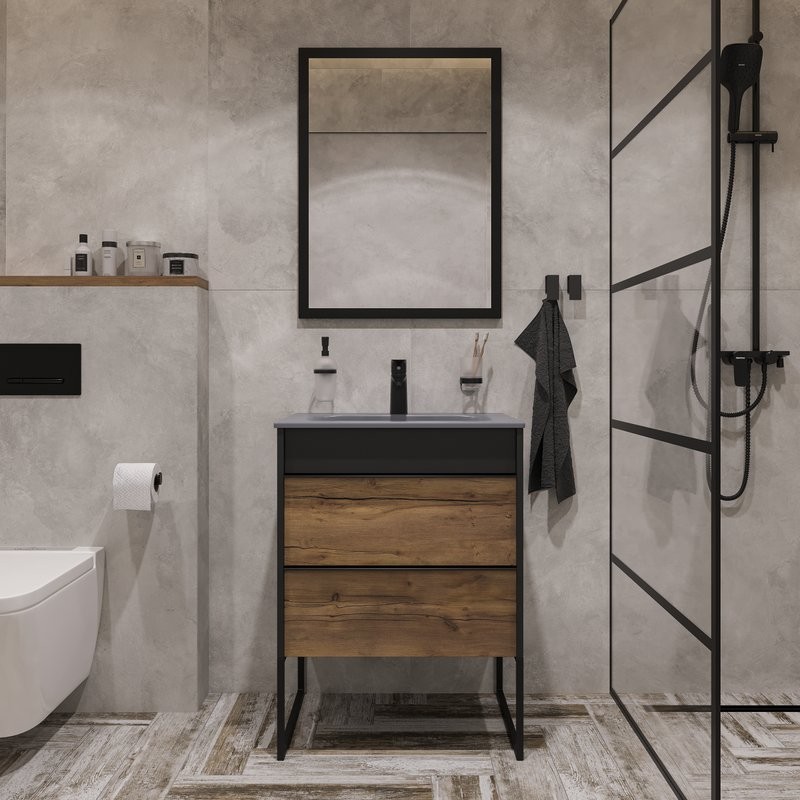 Тумба с раковиной STWORKI Гриндстед 60 дуб таксония, антрацит матовый, раковина 43061-112-KL антрацит