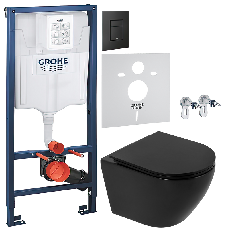 Комплект Унитаз подвесной BelBagno Colorato BB062CHR-MB матовый черный + Крышка BB062SC-MB матовая черная + Инсталляция Grohe Solido 38811KF0 3 в 1 с кнопкой смыва + Звукоизоляция