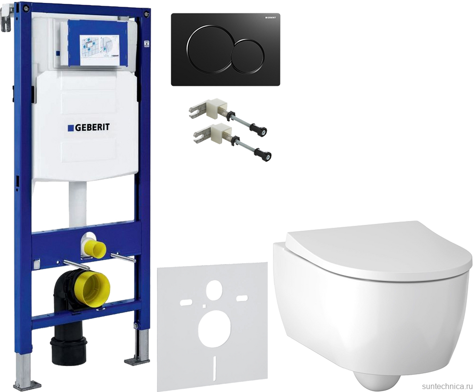 Комплект Унитаз подвесной Geberit iCon 500.784.01.1 с сиденьем и быстросъемной крышкой с микролифтом + Крепления Duofix 111.815.00.1 к стене + Звукоизоляция + Инсталляция UP 320 111.300.00.5 + Кнопка Sigma 01 115.770.DW.5 черная