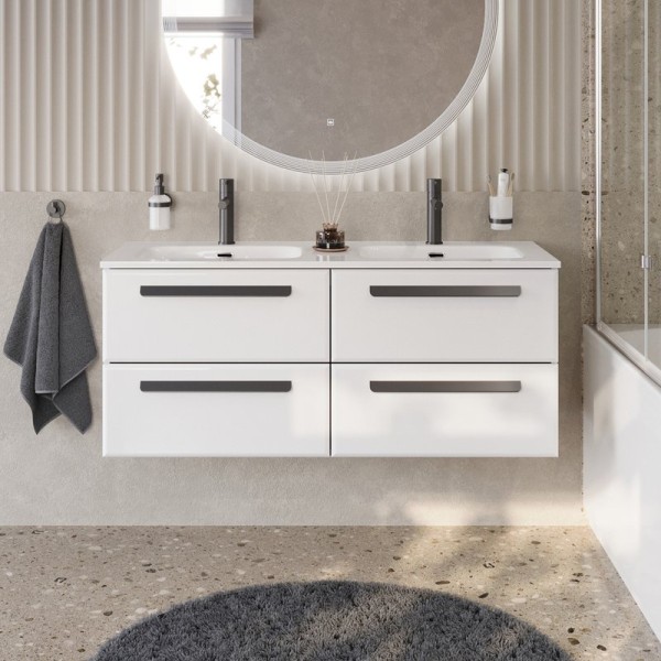 Тумба с раковиной Cezares Eco Cer-N 120 4 ящика, bianco lucido, раковина Eco 120, двойная, ручки матовые черные