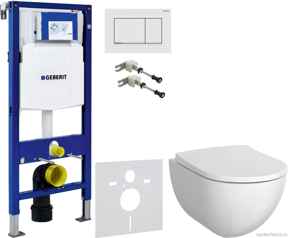 Комплект Унитаз подвесной Geberit Acanto + Крышка + Крепления Duofix 111.815.00.1 к стене + Звукоизоляция + Инсталляция UP 320 111.300.00.5 + Кнопка Sigma 30 115.883.JT.1 белая матовая, хром глянцевый