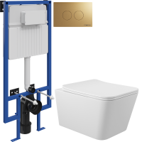 Комплект Унитаз подвесной Aqueduto Macio MAC0120 безободковый, с микролифтом, белый матовый + Инсталляция STWORKI + Кнопка Хельсинки 500474 золотая матовая