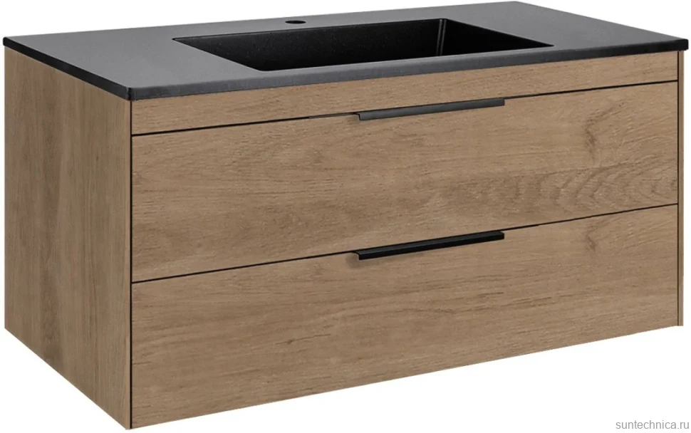 Мебель для ванной комнаты Vincea Chiara 2D 100, 2 ящика, натуральный дуб, с черной раковиной