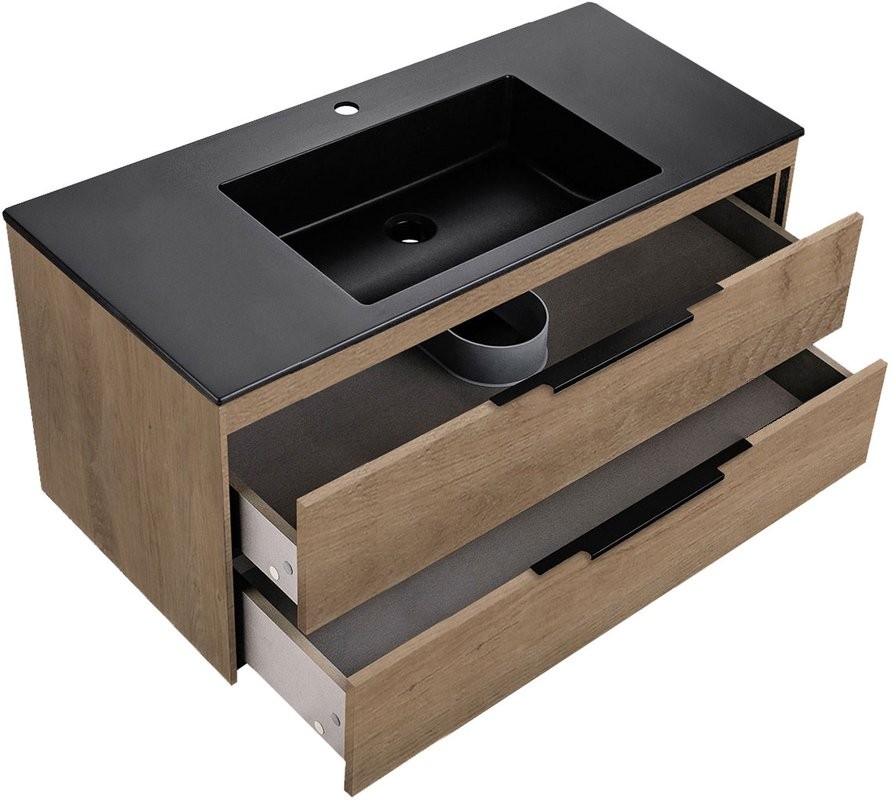 Мебель для ванной комнаты Vincea Chiara 2D 100, 2 ящика, натуральный дуб, с черной раковиной