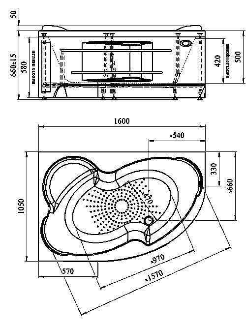 Акриловая ванна Radomir Ирма Стандарт 160x105 см, угловая, правая, пристенная, с гидромассажем, белая, асимметричная, с каркасом, с экраном, с сиденьем, со сливом-переливом, с полотенцедержателем