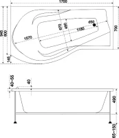 Акриловая ванна Bas Капри L 170x95 см, угловая, левая, пристенная, с гидромассажем, белая, асимметричная, с каркасом