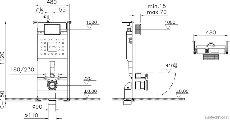 Комплект Унитаз подвесной Bauedge Bau Dream Hurricane-2 безободковый, с микролифтом, белый + Инсталляция VitrA V-Fix Core 732-5800-01PV + Кнопка Root Round 740-2211 черная матовая