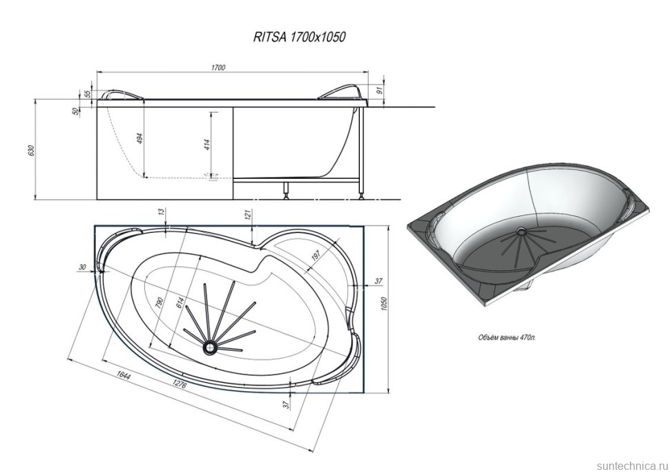 Акриловая ванна Alex Baitler Ritsa 170x105 см, угловая, левая, пристенная, белая, асимметричная, с каркасом, с сиденьем