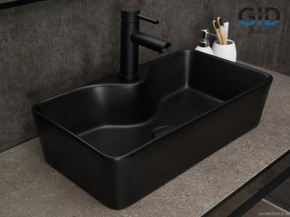 Накладная раковина GID Geometrico Bm9092 55 матовая черная, прямоугольная, фаянс, с 1 отверстием под смеситель