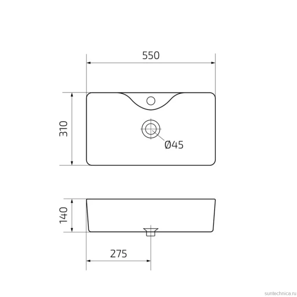 Накладная раковина GID Geometrico Bm9092 55 матовая черная, прямоугольная, фаянс, с 1 отверстием под смеситель