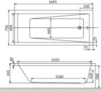 Акриловая ванна WHITECROSS Wave 170x75 см, пристенная, белый глянец, на ножках