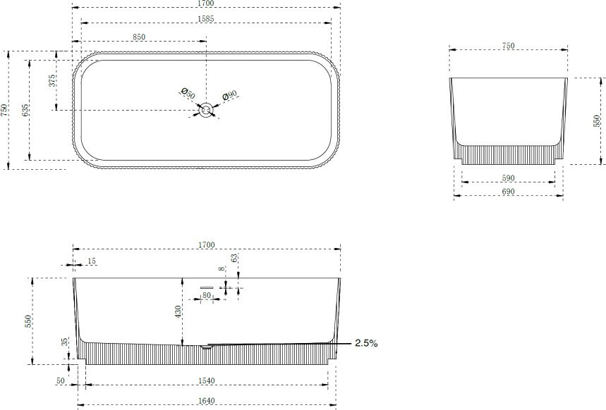 Ванна из искусственного камня Abber Stein AS9663 170x75 см, отдельностоящая, матовая белая, на ножках, с донным клапаном, фурнитура белая