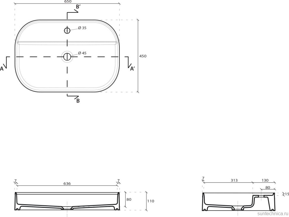 Накладная раковина Galassia SmartB 7400 65 глянцевая белая, прямоугольная, фаянс