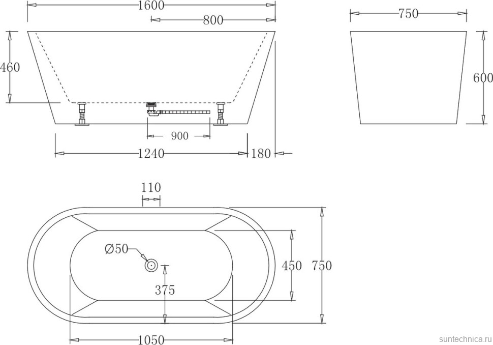 Акриловая ванна BelBagno BB71-1600-W0 160x75 см, отдельностоящая, белая, овальная, на ножках, с донным клапаном
