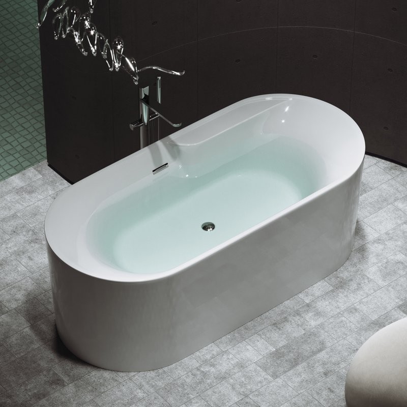 Акриловая ванна Sancos Omega FB16 170x80 см, отдельностоящая, белая, овальная, с каркасом, со сливом-переливом