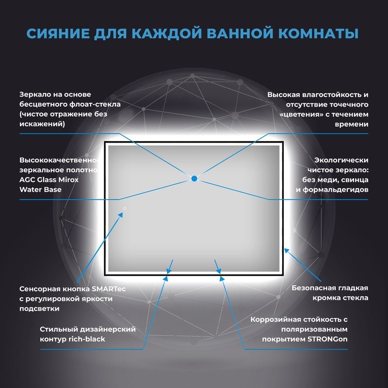 Зеркало Wellsee 7 Rays’ Spectrum 90х70 с фронтальной подсветкой, черное матовое