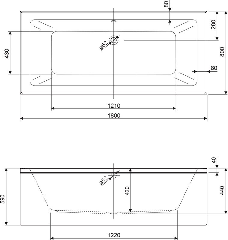 Акриловая ванна Cezares Plane Mini 180x80 см, пристенная, белая, с каркасом