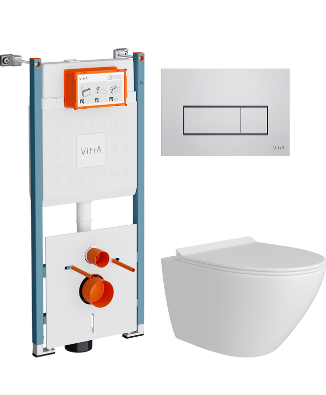 Комплект Унитаз подвесной Teymi Lina Pro T40106 с микрофлитом, безободковый, белый + Инсталляция VitrA V-Fix Core 732-5800-01PV + Кнопка Root Square 740-2380 хром