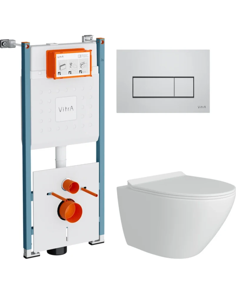Комплект Унитаз подвесной Teymi Lina Pro T40106 с микрофлитом, безободковый, белый + Инсталляция VitrA V-Fix Core 732-5800-01PV + Кнопка Root Square 740-2380 хром