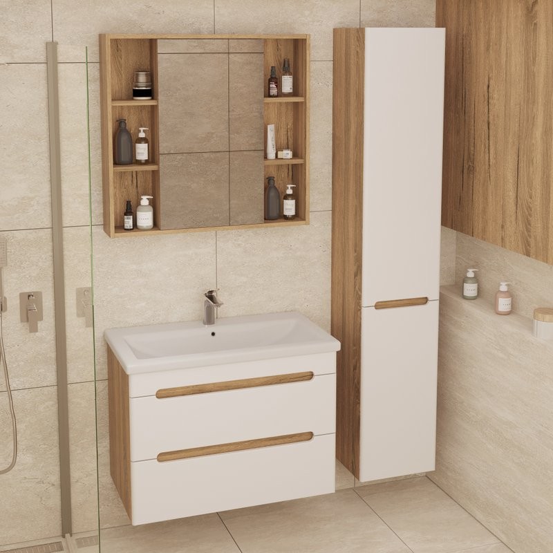 Тумба с раковиной SanStar Diva 80 подвесная, матовая белая, дуб вотан, раковина Como 80