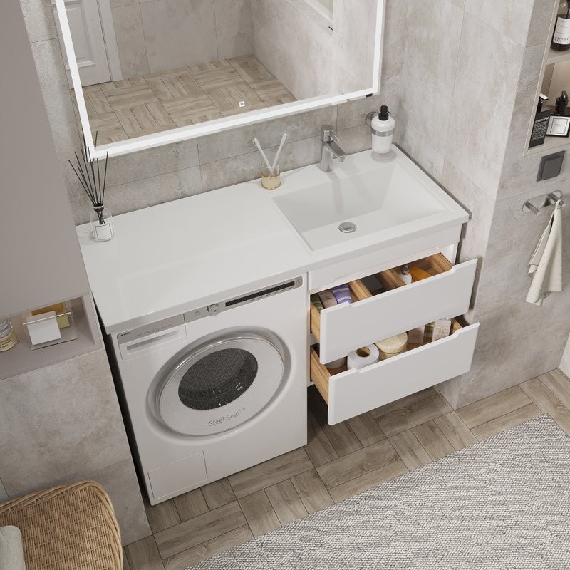 Мебель для ванной комнаты SanStar Толедо 110 R подвесная, под стиральную машину, глянцевая белая, раковина Даллас 110