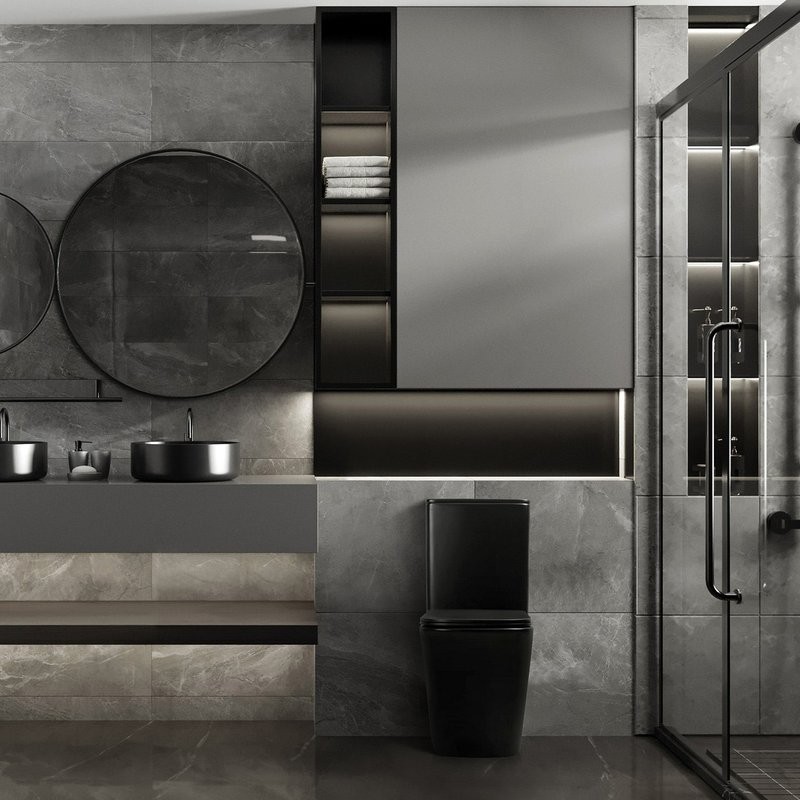 Унитаз-компакт напольный Abber Rechteck AC1210TMB безободковый, с микролифтом, черный матовый