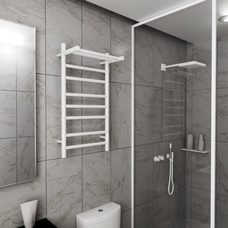 Полотенцесушитель электрический Bauedge Stil Shelf R 40х80, с полкой, белый полуматовый