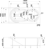 Акриловая ванна 1MarKa Taormina Стандарт 2 180x90 см, встраиваемая, белая, с каркасом, со сливом-переливом