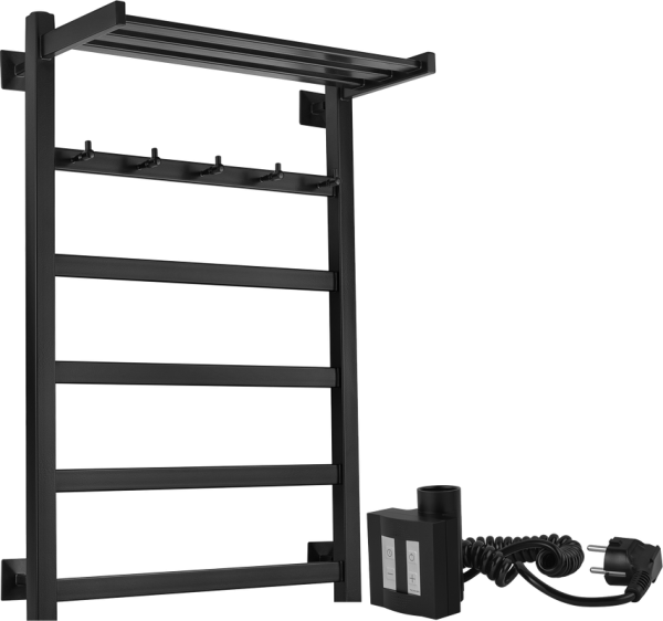 Полотенцесушитель электрический Secado Корсико 1 КСП , 85x55 см, подключение справа, матовый черный, лесенка, с полкой